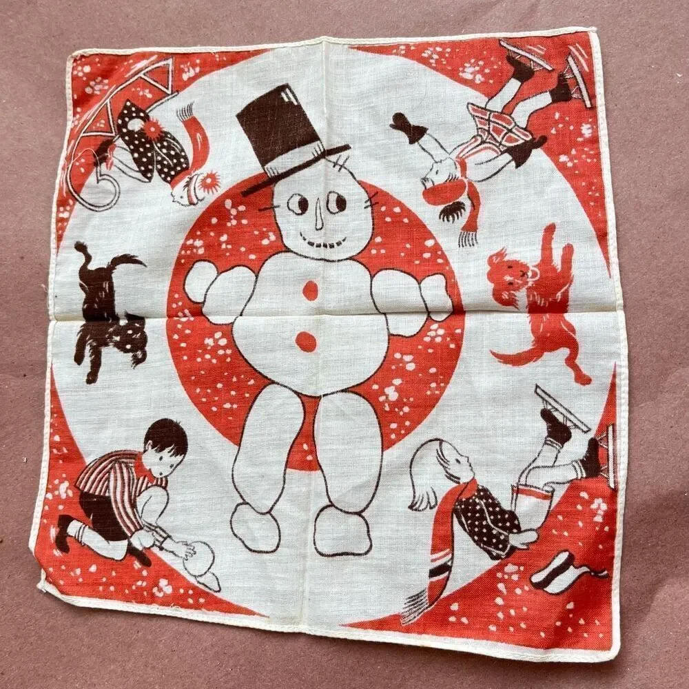 VTG 40s 50s Winter Kids Snowman Hankie 8.5” Novelty Print RARE